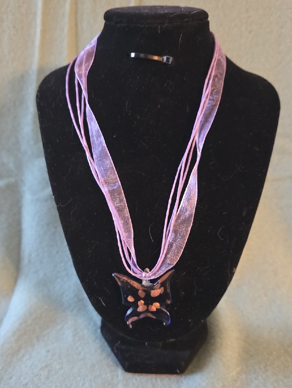 Purple Organza Multi-Strand Necklace with Glass Butterfly Pendant